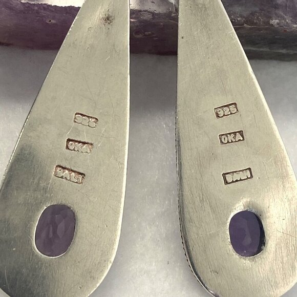 Sterling Silver 925 OKA Bali Oval Amethyst Teardrop Dangle Drop Earrings - Picture 7 of 16